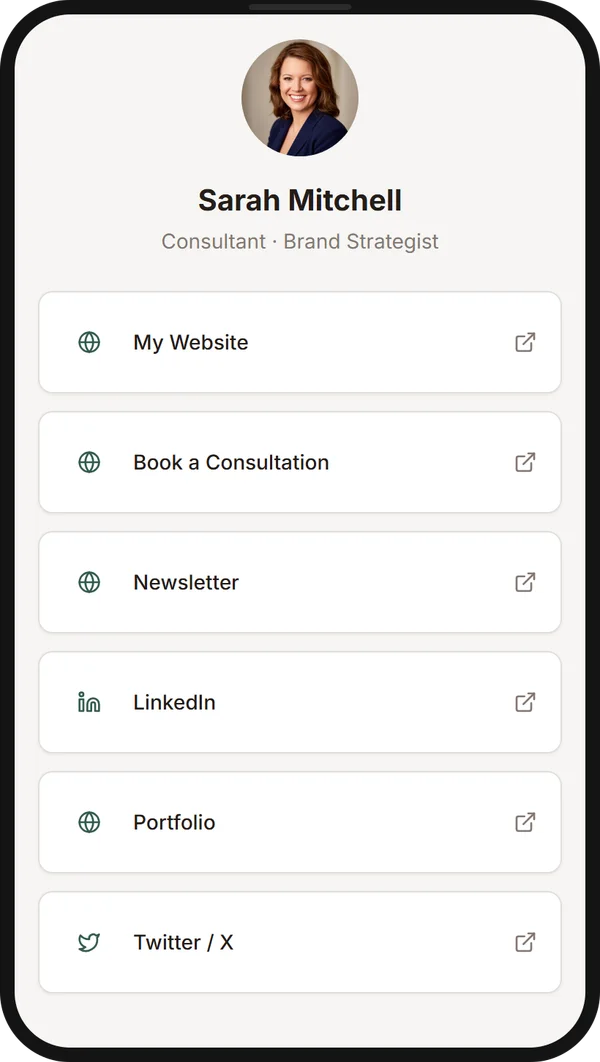 One ProfileLinkHub link opening a page that lists a website, consultation booking, newsletter, LinkedIn, portfolio and X link, shown on a mobile phone